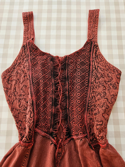 Red/burgundy embroidered lace-up fairycore dress - M/L