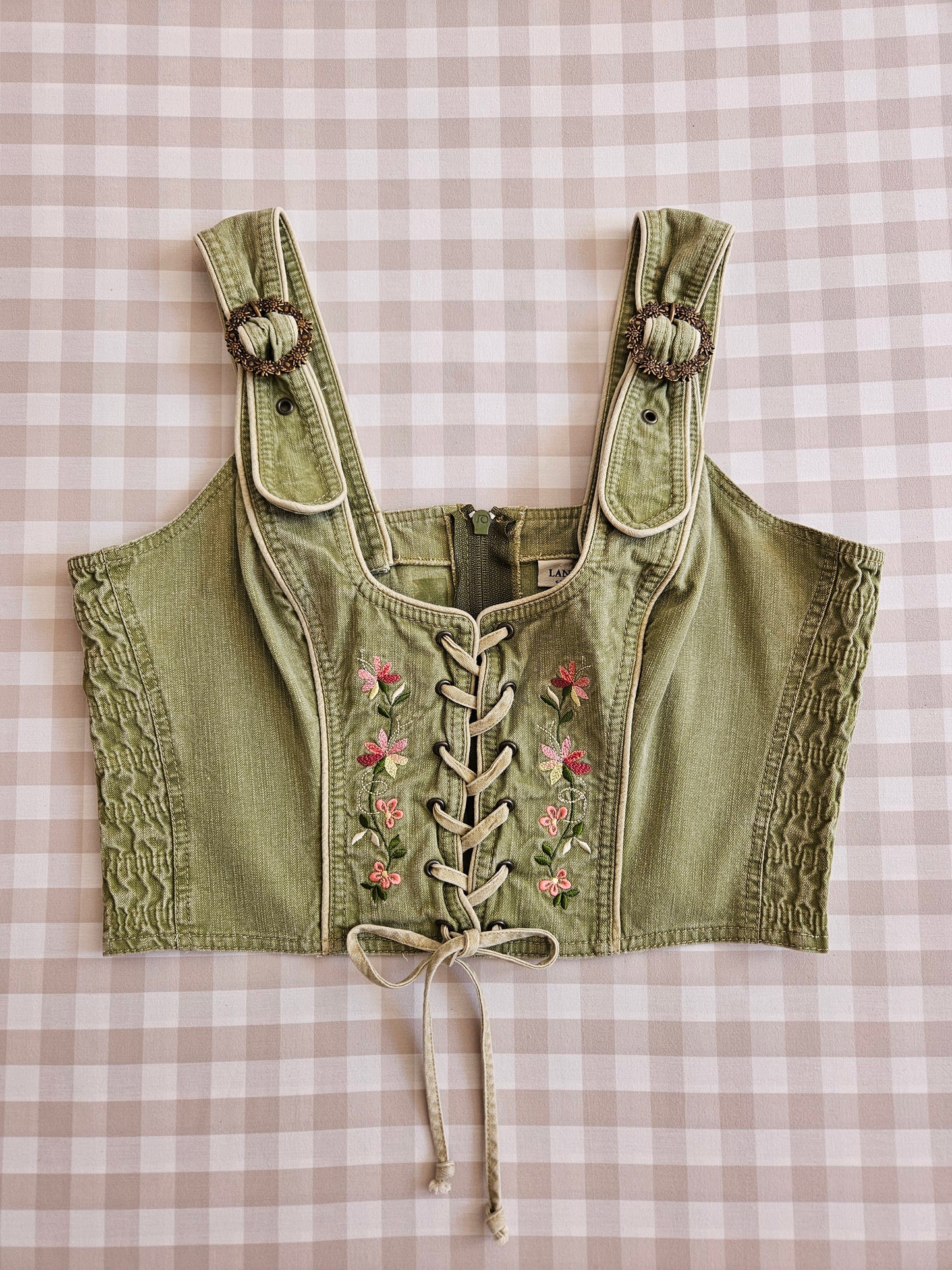 Vintage Embroidered Cottagecore Lace-Up Corset Top - L