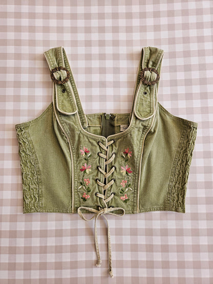 Vintage Embroidered Cottagecore Lace-Up Corset Top - L