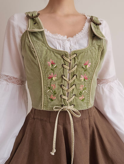 Vintage Embroidered Cottagecore Lace-Up Corset Top - L