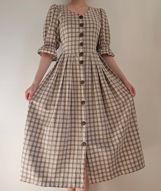 Robe longue cottagecore vichy à carreaux beige vintage - XL