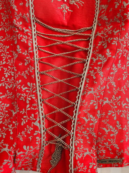 Red embroidered corset top, Regency/Bridgerton style - S