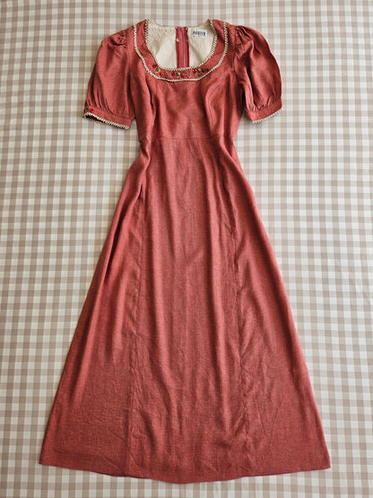 Vintage embroidered linen Regency/Bridgerton style dress - M