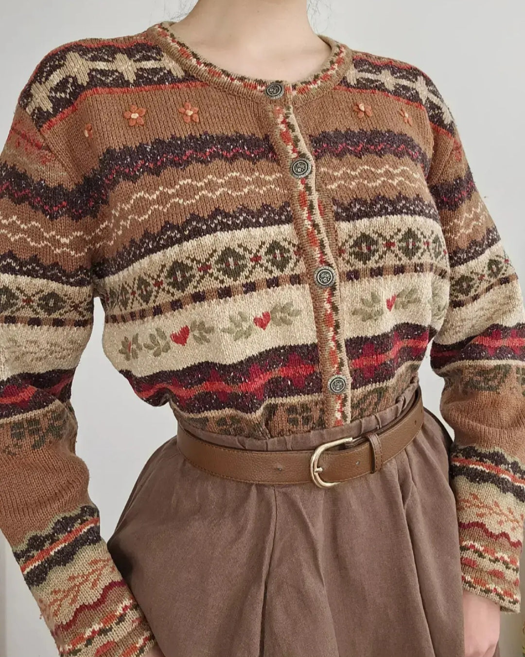 Cardigan marron brodé vintage - M/L