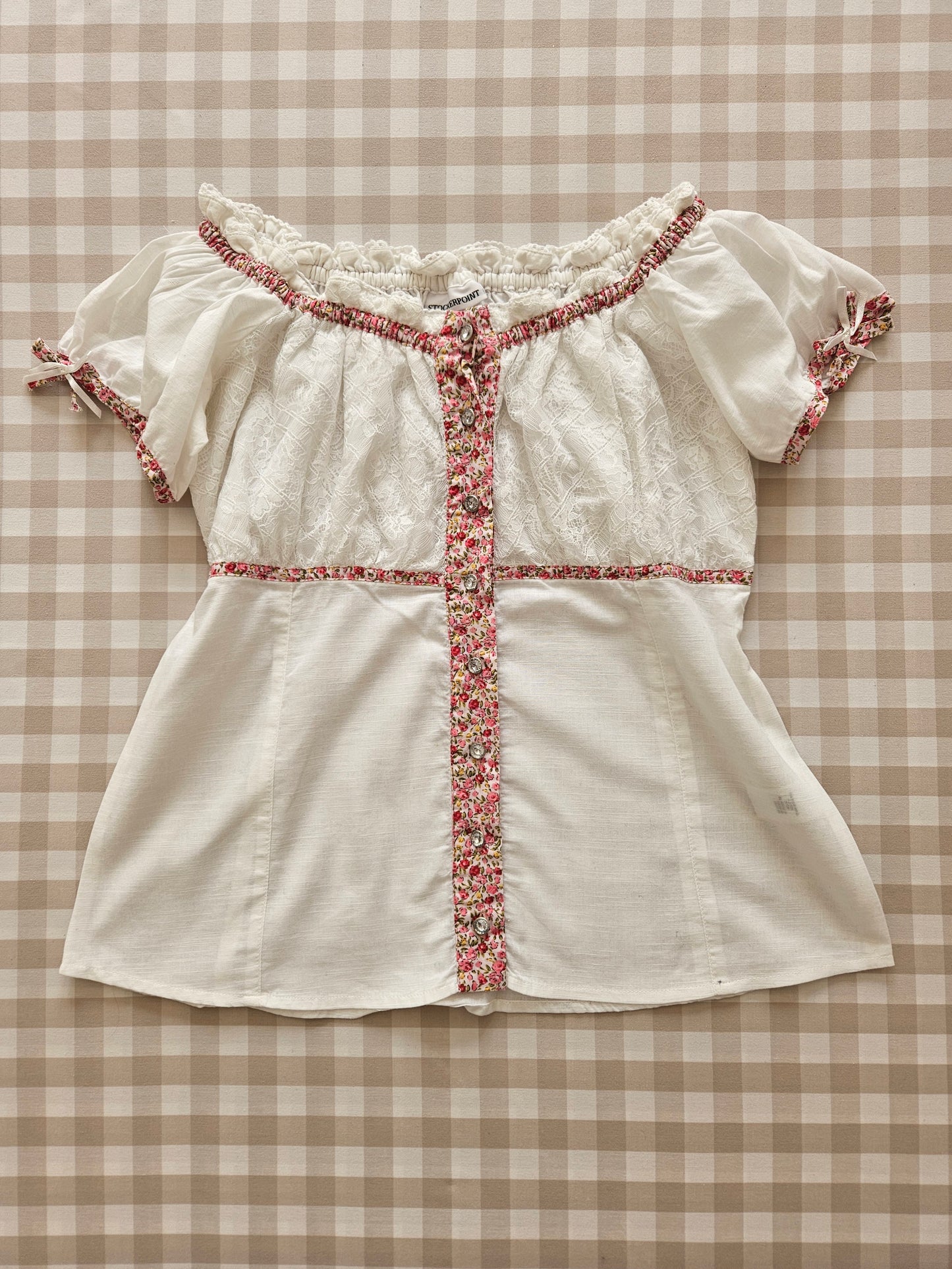 White/pink floral cottagecore top - XS