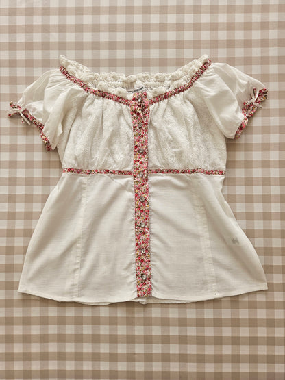 White/pink floral cottagecore top - XS