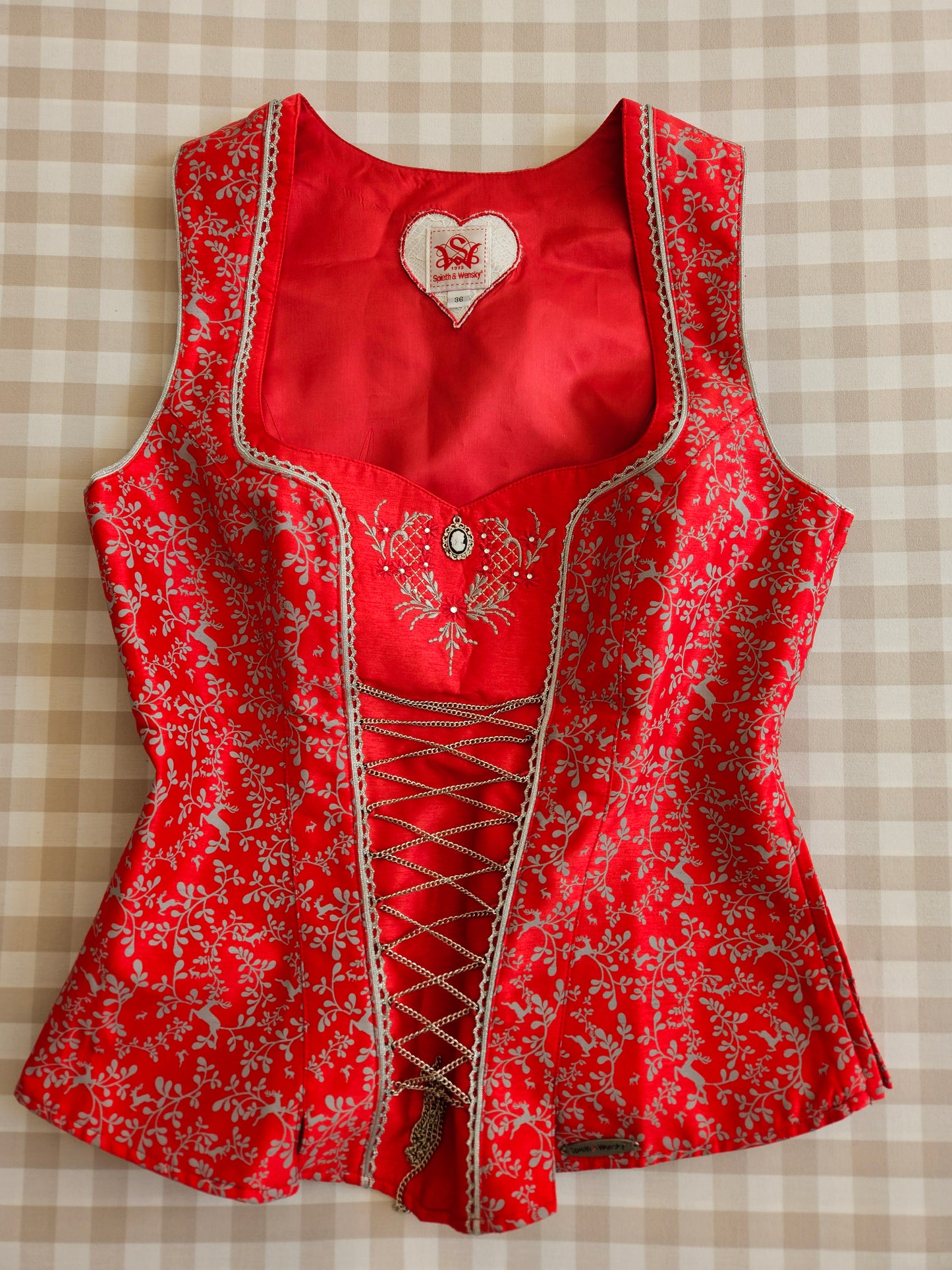 Red embroidered corset top, Regency/Bridgerton style - S