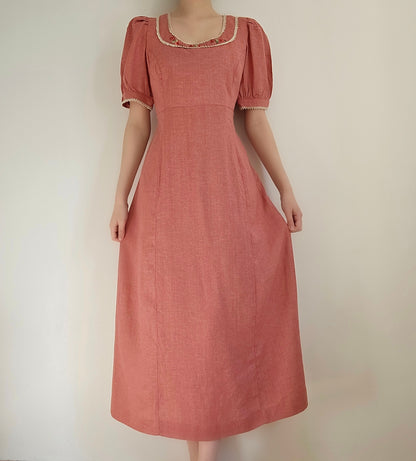 Vintage embroidered linen Regency/Bridgerton style dress - M