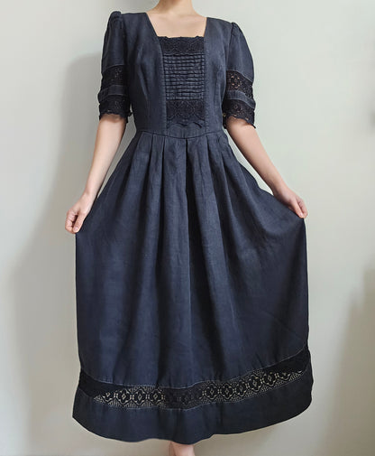 Navy Blue Vintage Linen Maxi Dress - XL