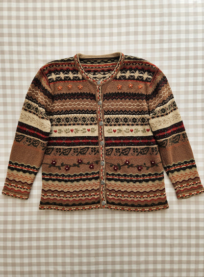 Cardigan marron brodé vintage - M/L
