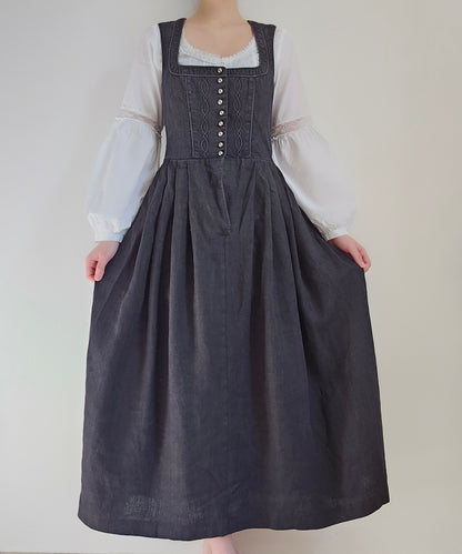 Vintage dark academia black 100% linen maxi dress - S