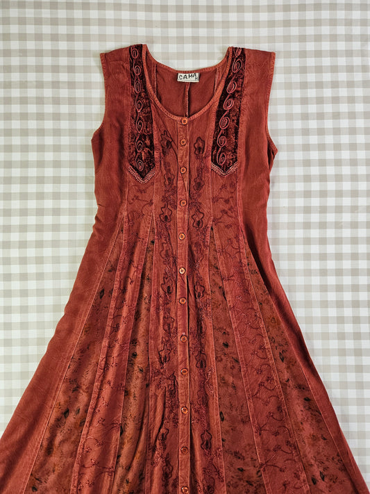 Robe longue brodée fairycore marron/rouille - L