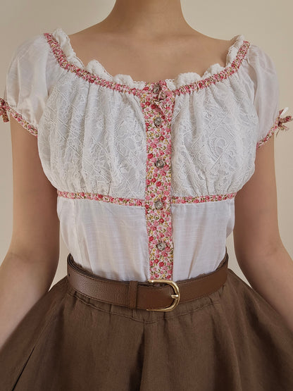 White/pink floral cottagecore top - XS