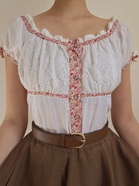 Top blanc/rose fleuris cottagecore - XS