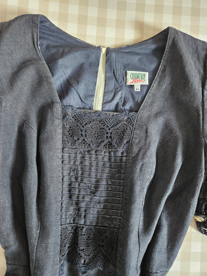 Navy Blue Vintage Linen Maxi Dress - XL