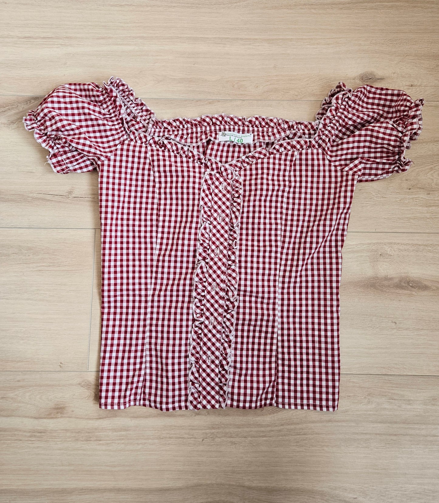 Cottagecore burgundy gingham cotton blouse - L