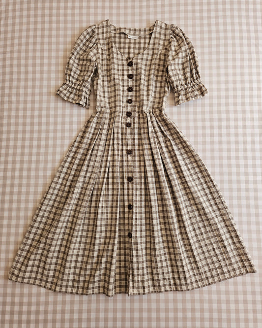 Robe longue cottagecore vichy à carreaux beige vintage - XL