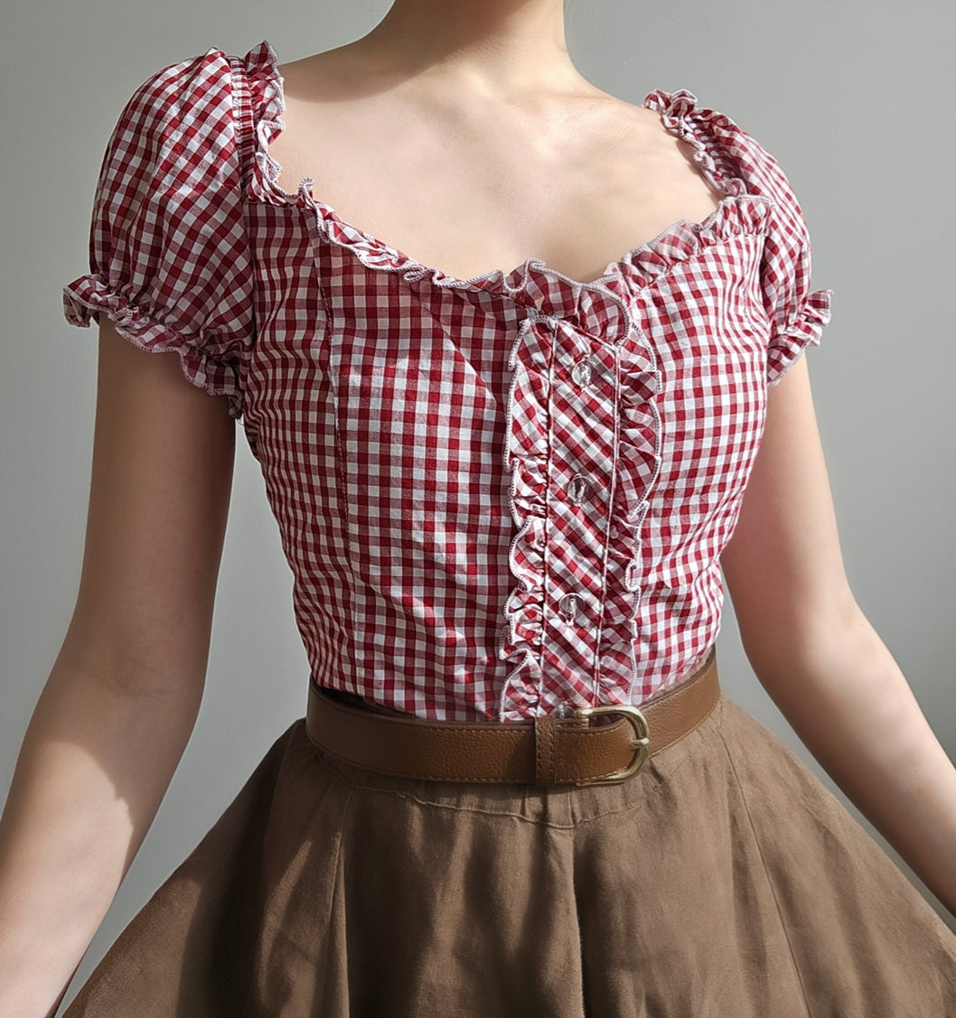 Cottagecore burgundy gingham cotton blouse - L