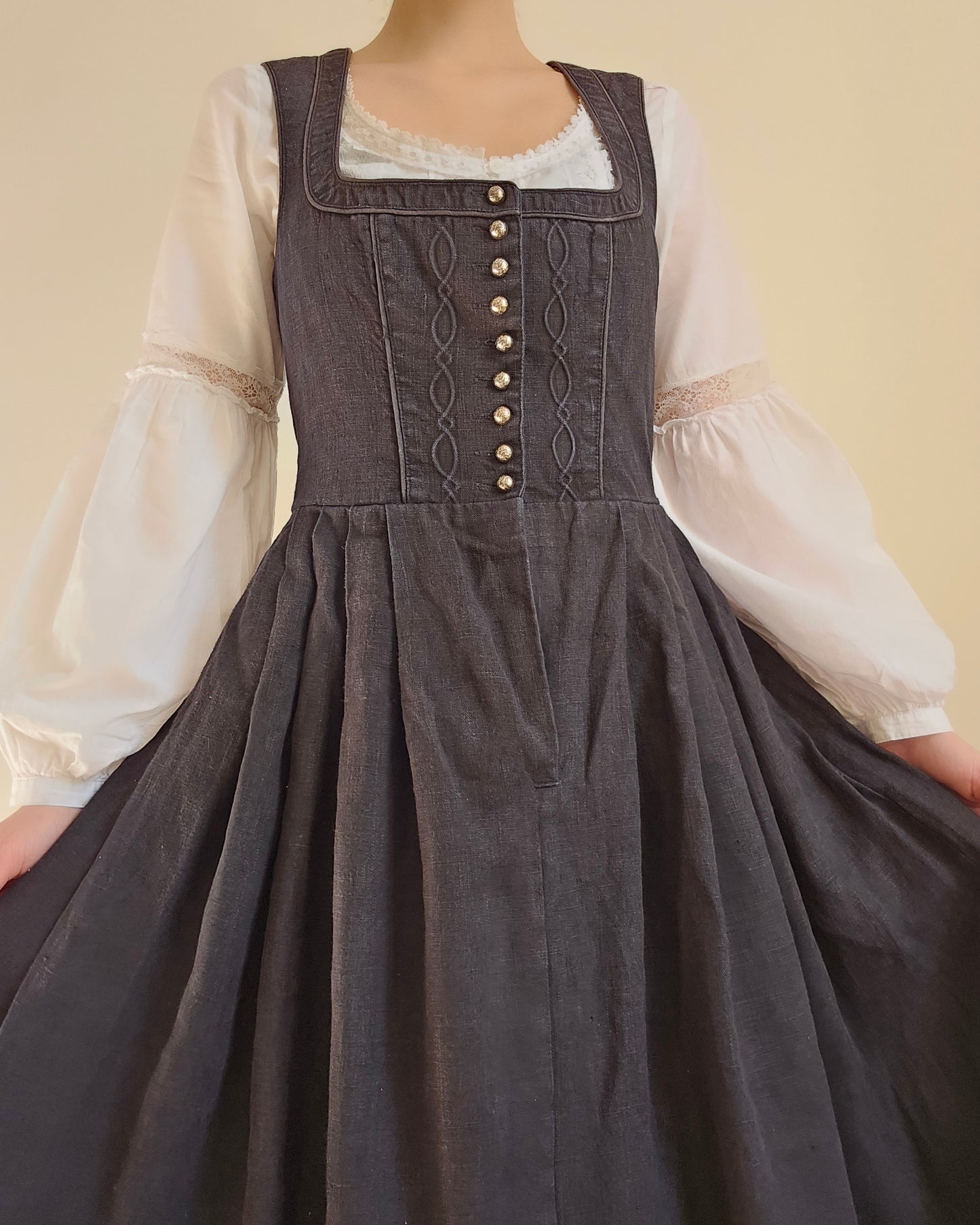 Vintage dark academia black 100% linen maxi dress - S