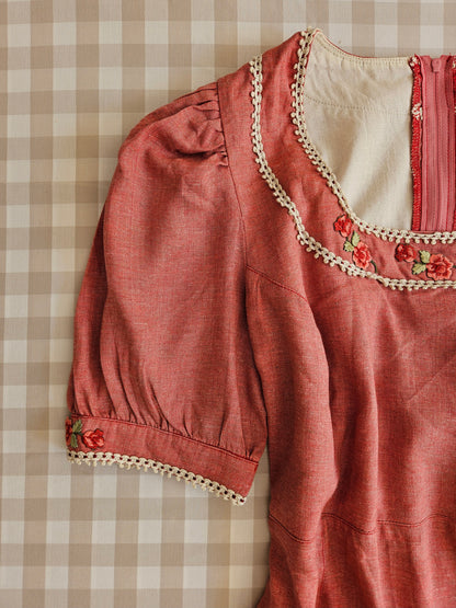 Vintage embroidered linen Regency/Bridgerton style dress - M