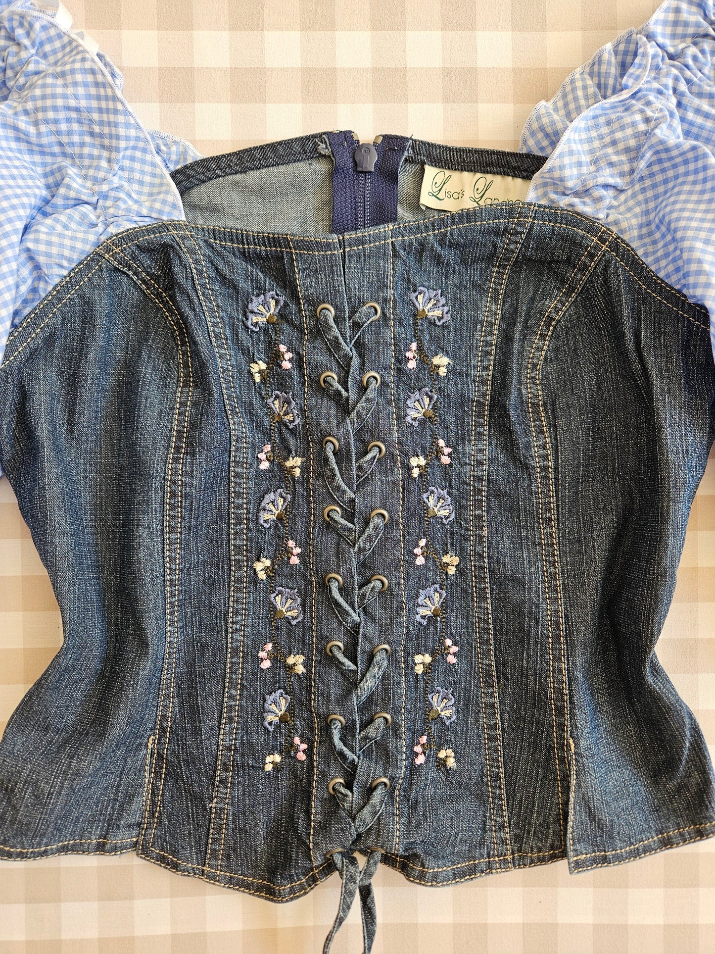 Top corset à lacets brodé vintage cottagecore - S
