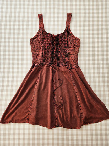 Red/burgundy embroidered lace-up fairycore dress - M/L