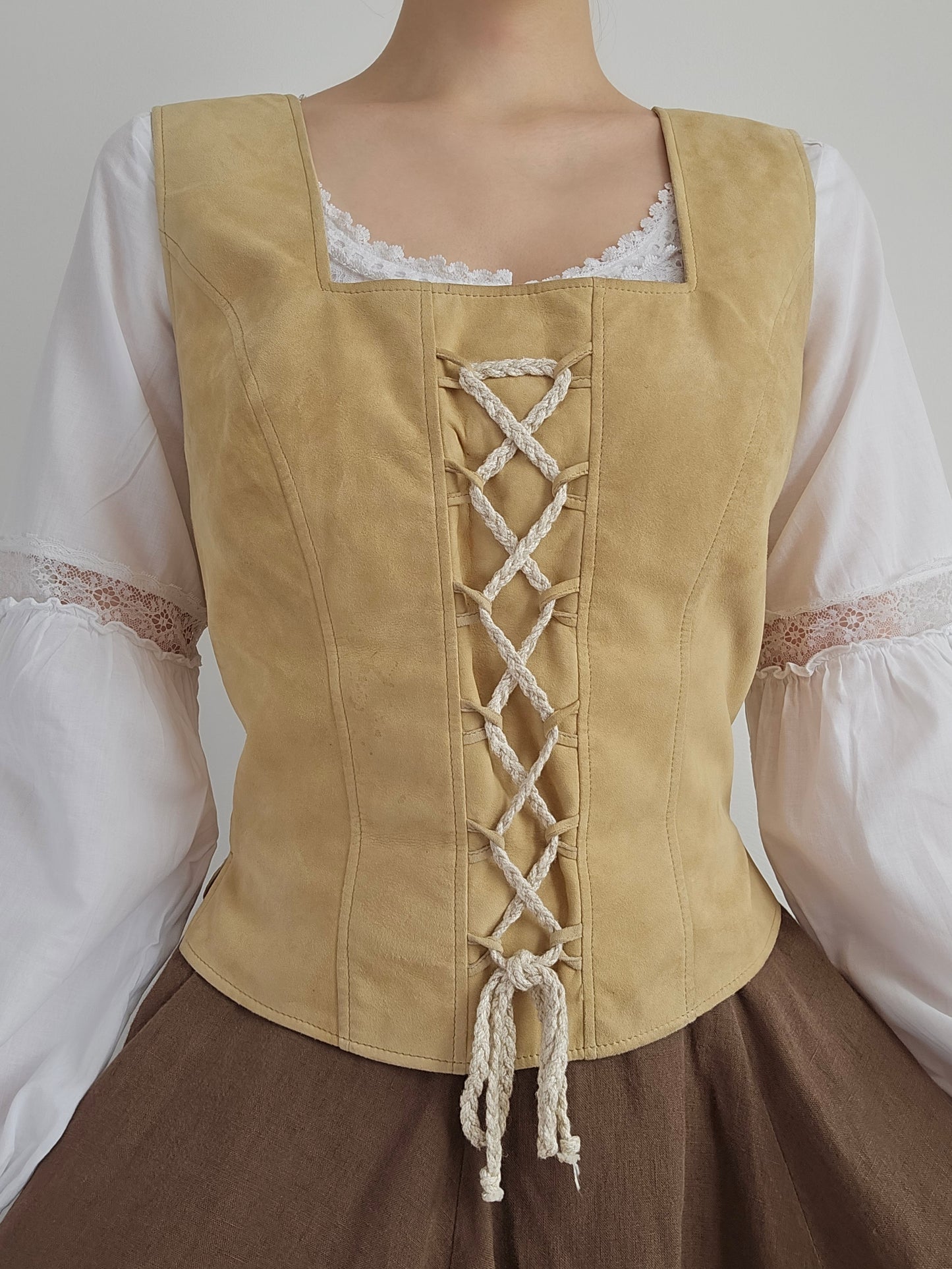 Vintage beige laced leather/suede top - XL
