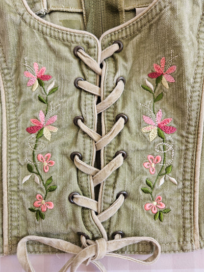 Vintage Embroidered Cottagecore Lace-Up Corset Top - L