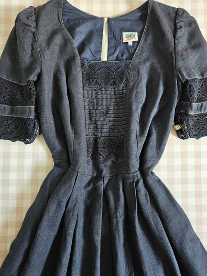 Navy Blue Vintage Linen Maxi Dress - XL