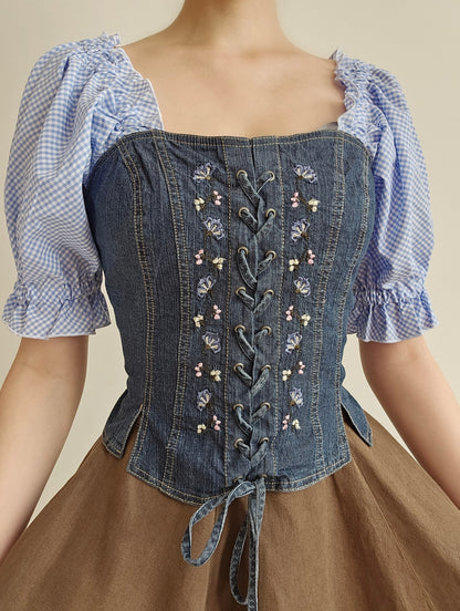 Top corset à lacets brodé vintage cottagecore - S