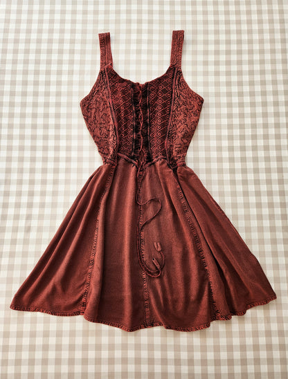 Red/burgundy embroidered lace-up fairycore dress - M/L