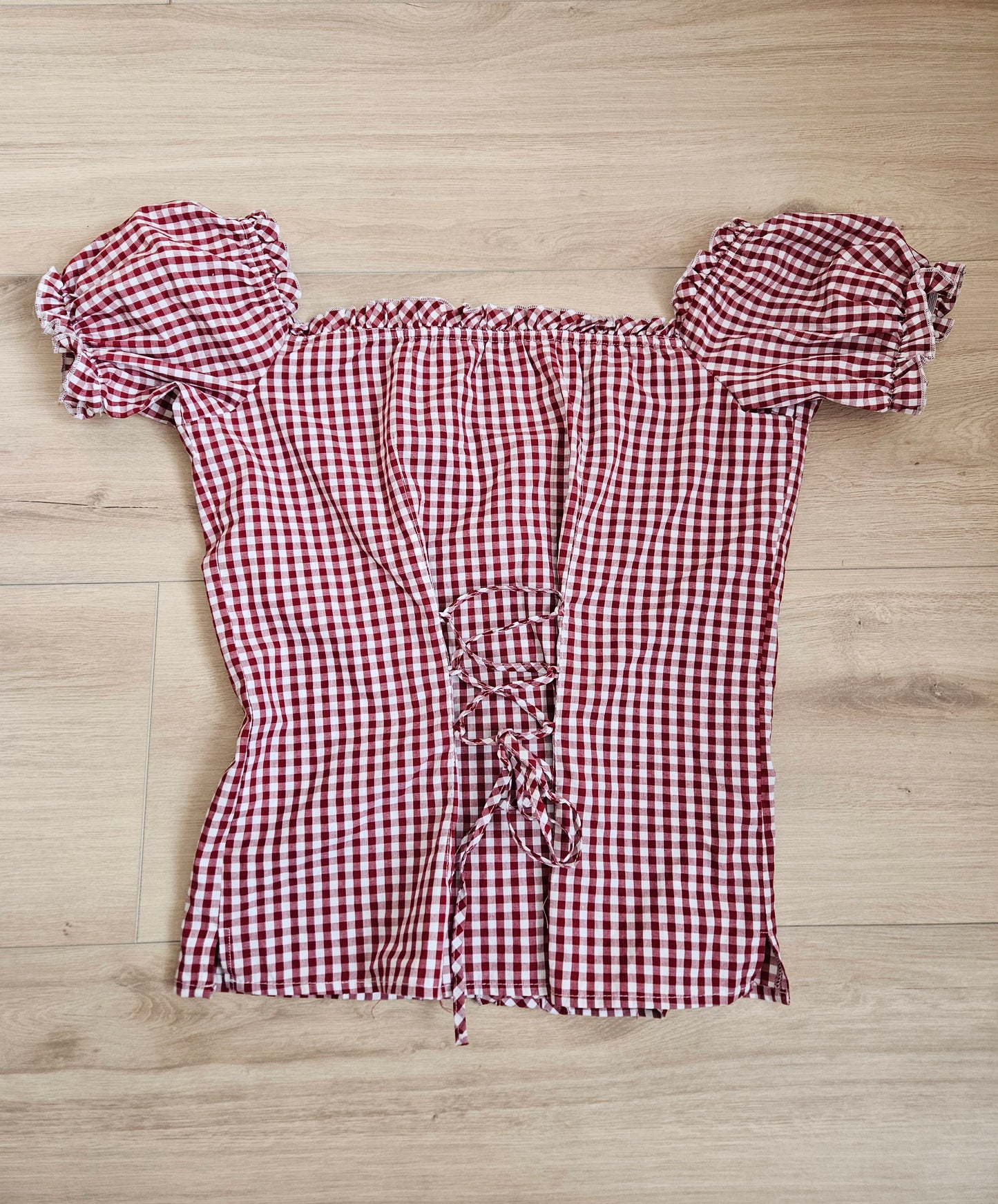 Cottagecore burgundy gingham cotton blouse - L