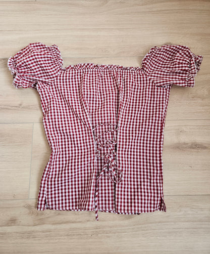 Cottagecore burgundy gingham cotton blouse - L
