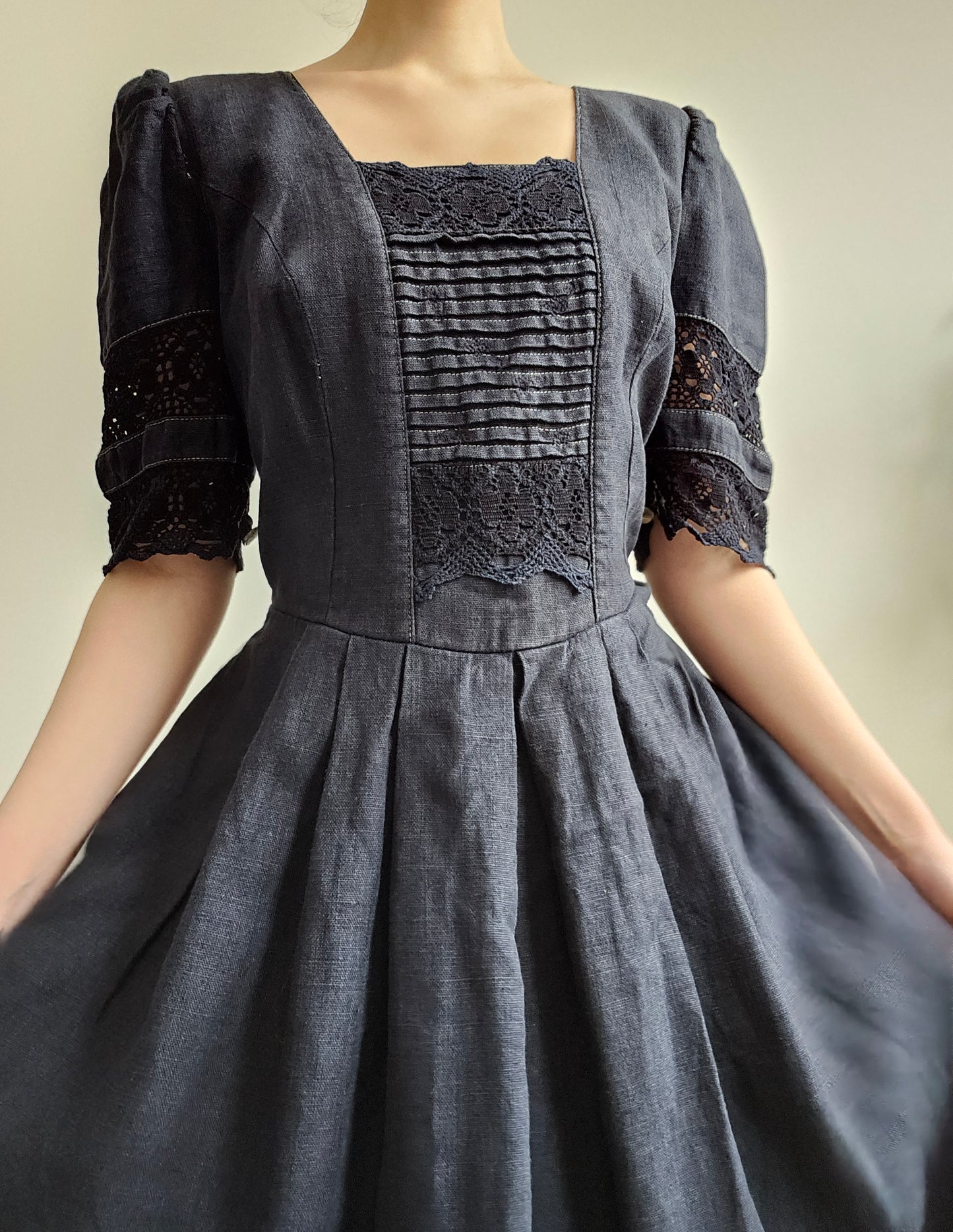 Navy Blue Vintage Linen Maxi Dress - XL